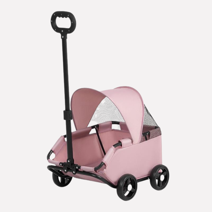 Foldable pet stroller for small dogs and cats, ideal for travel and outdoor walks.