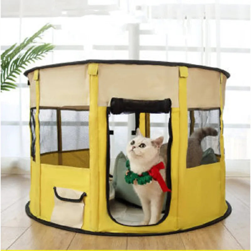 Foldable pet tent with mesh windows and zippered door, ideal portable cat bed or dog bed.