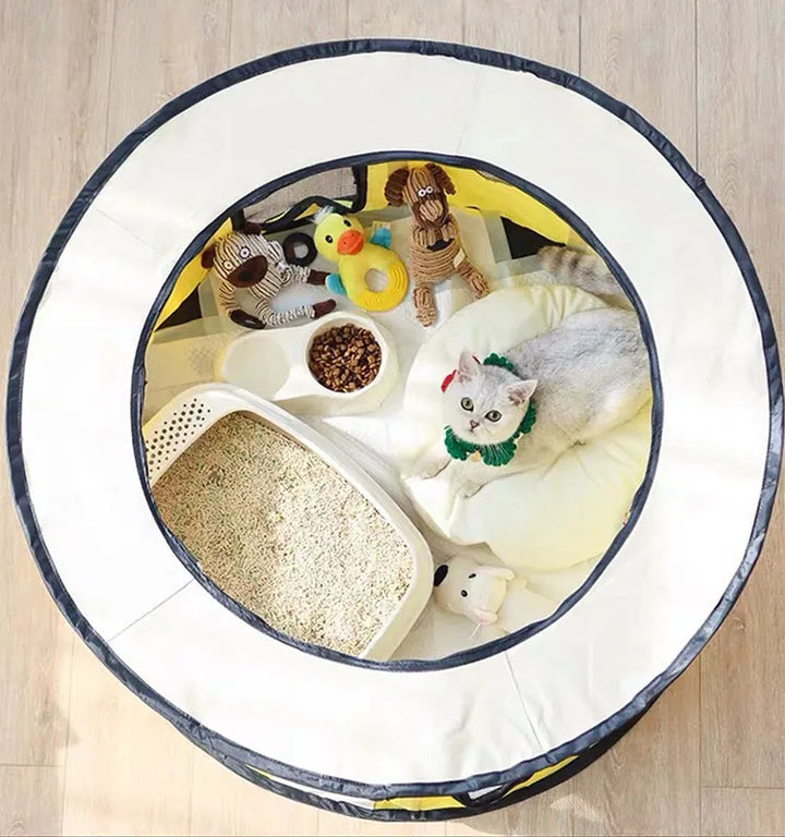Indoor pet shelter: a foldable pet tent with roll-up door, providing a cozy cat or dog bed.