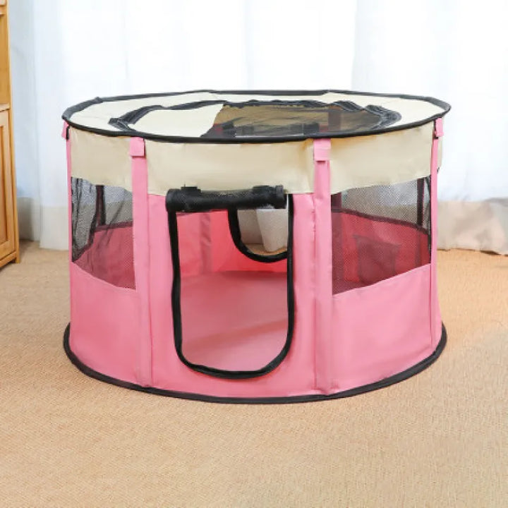 Portable pet house, a foldable pet tent with carry bag, perfect for travel or indoor-outdoor use.