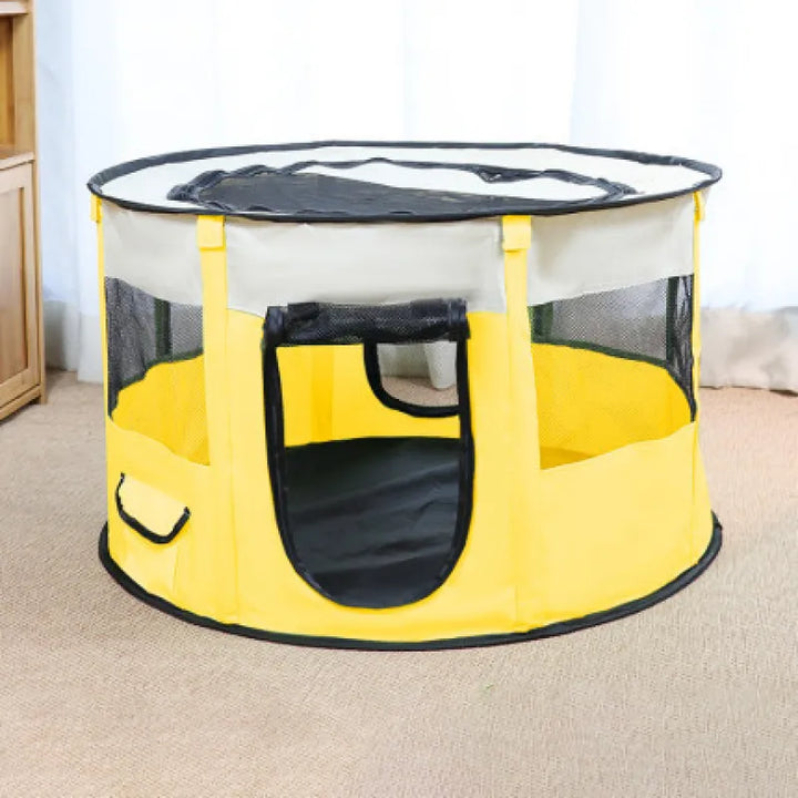 Gray fabric foldable pet tent, a comfortable cat bed with soft mat for indoor pet shelter.