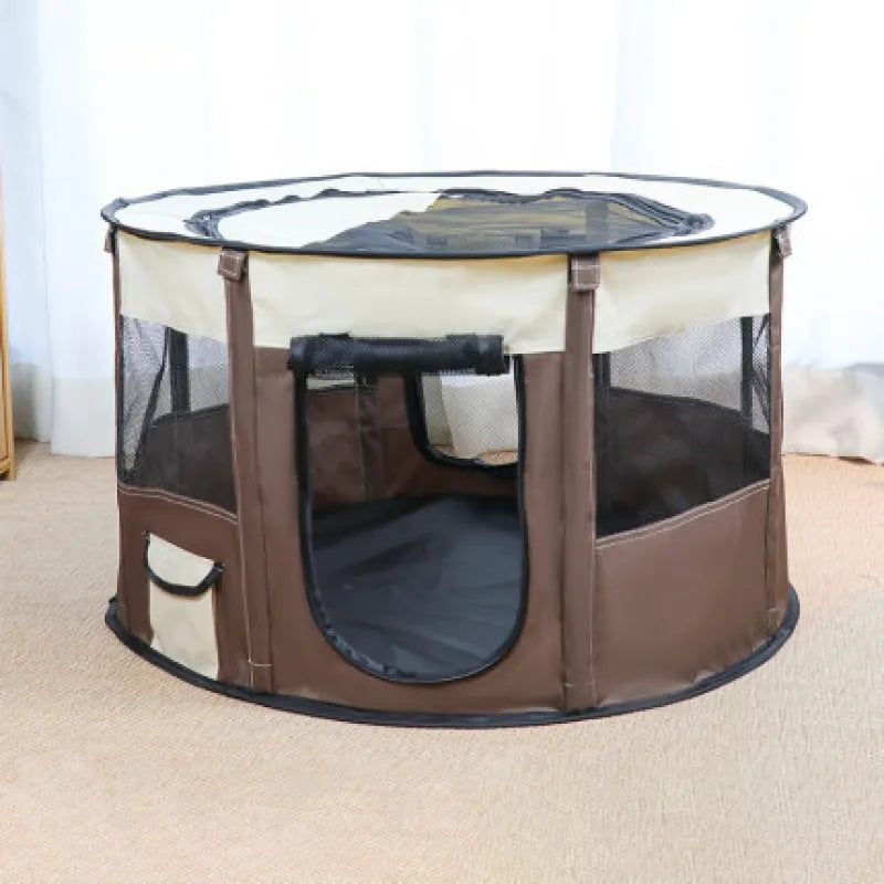 Pet travel gear: compact foldable dog bed, a pet tent with blue accents and carrying case.