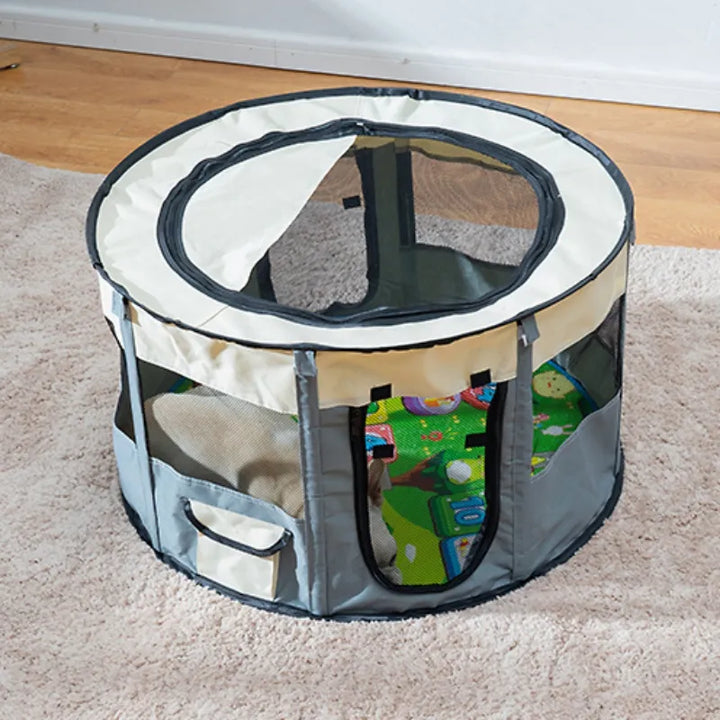 Soft-sided portable pet house, a foldable pet tent in neutral tones, perfect as a dog or cat bed.