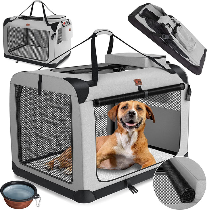 Foldable pet travel carrier bag for car, gray, with mesh windows, suitable for small to medium dogs and cats.