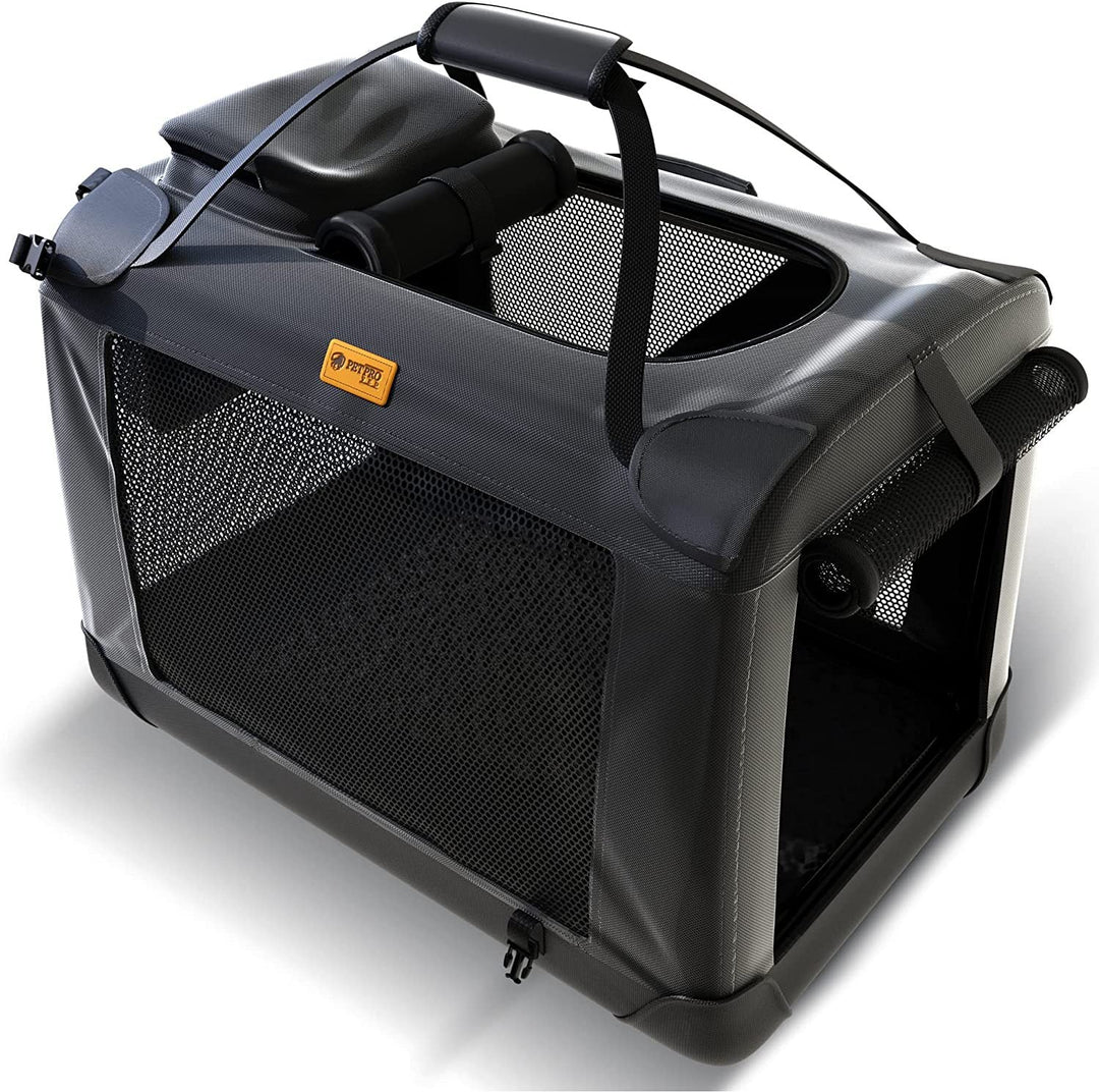 Dog travel bag for car, collapsible, made of durable fabric, with shoulder strap, ideal for pet transport.