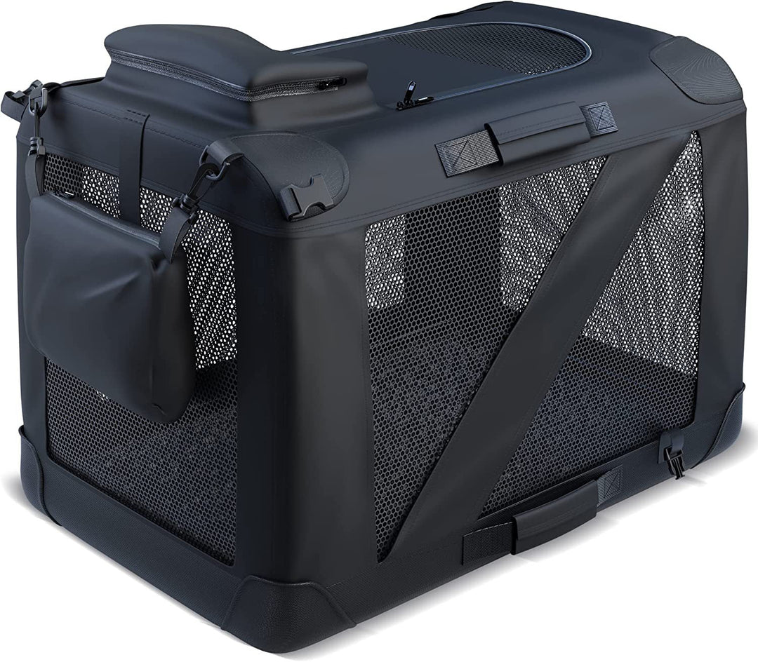 Cat carrier for car travel, foldable design, black, with secure zippers and ventilation, pet-friendly.