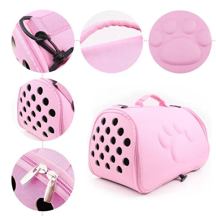 Grey foldable pet travel carrier bag, compact for storage, ideal for car travel.