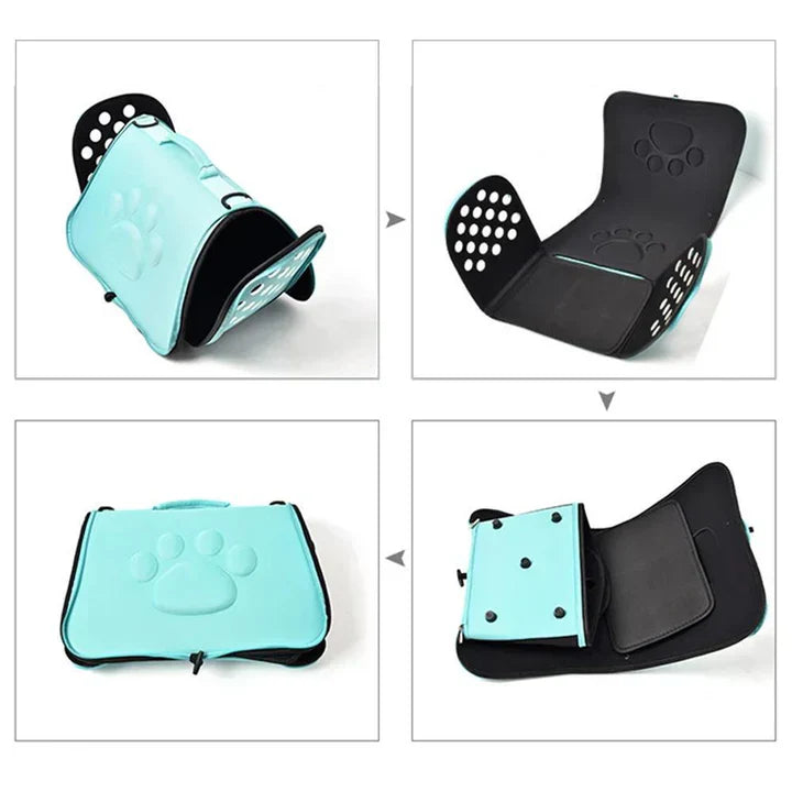 Close-up of mesh window on a foldable pet travel carrier bag, ensuring pet's visibility and ventilation.