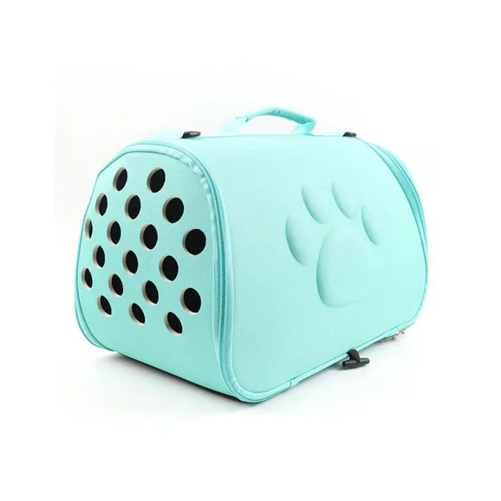 Foldable pet travel carrier bag with a dog comfortably inside, secured in a car.