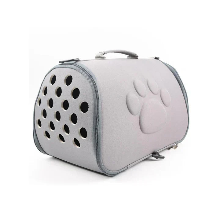 Side view of a foldable pet travel carrier for cars, highlighting sturdy construction and easy setup.