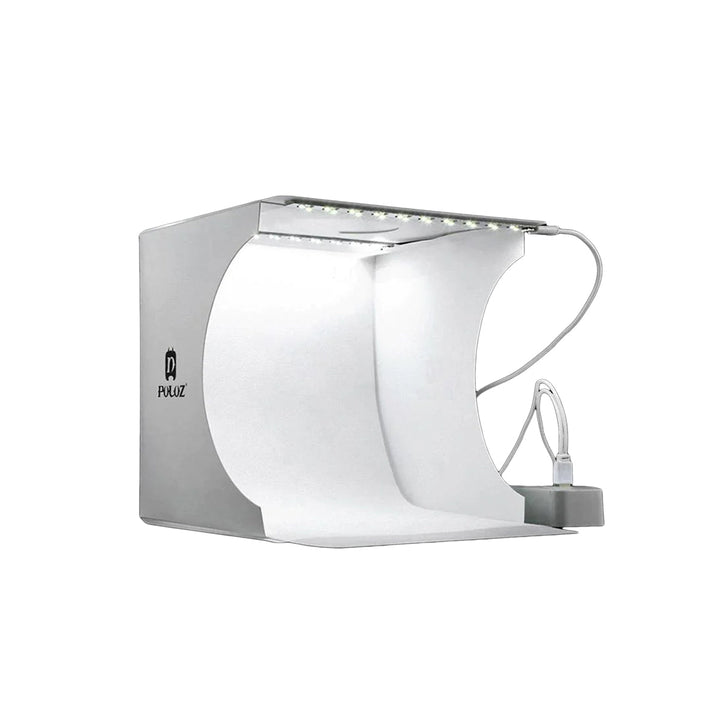 Foldable portable photo studio with integrated LED lighting for professional product photography & content.