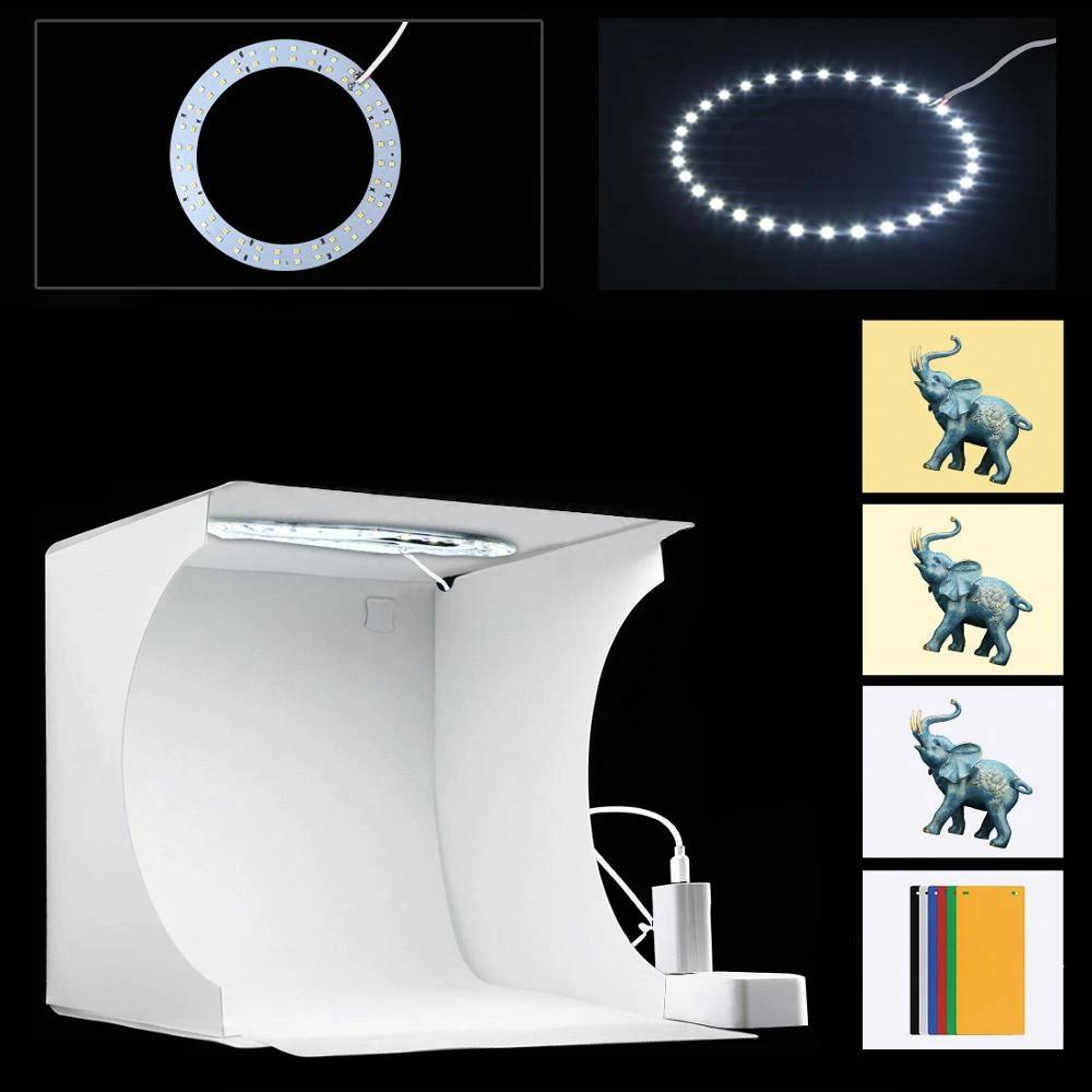Easy-setup portable LED photo studio for crisp, professional product images, essential photography equipment.