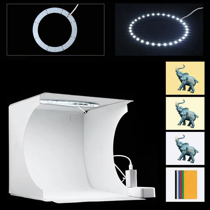 Easy-setup portable LED photo studio for crisp, professional product images, essential photography equipment.