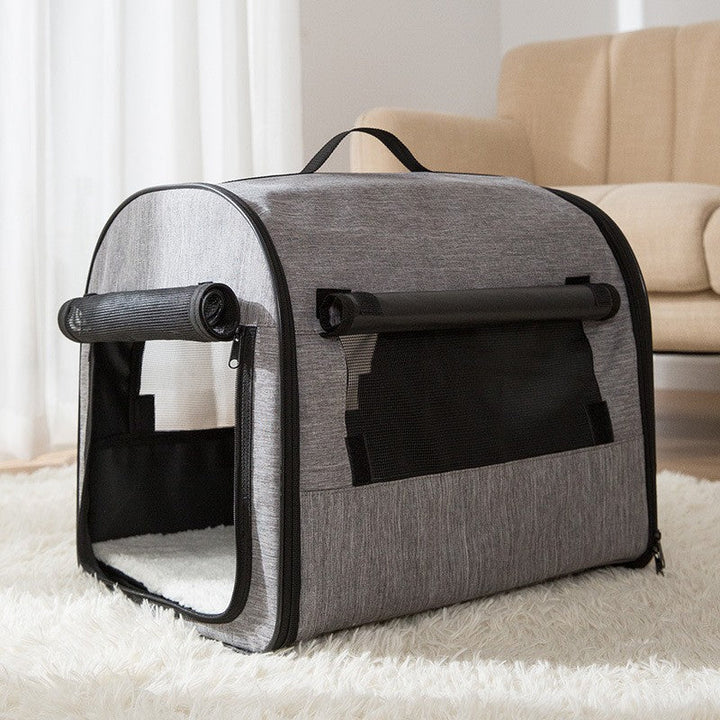 Portable cat travel carrier, soft-sided pet crate for comfortable car journeys.