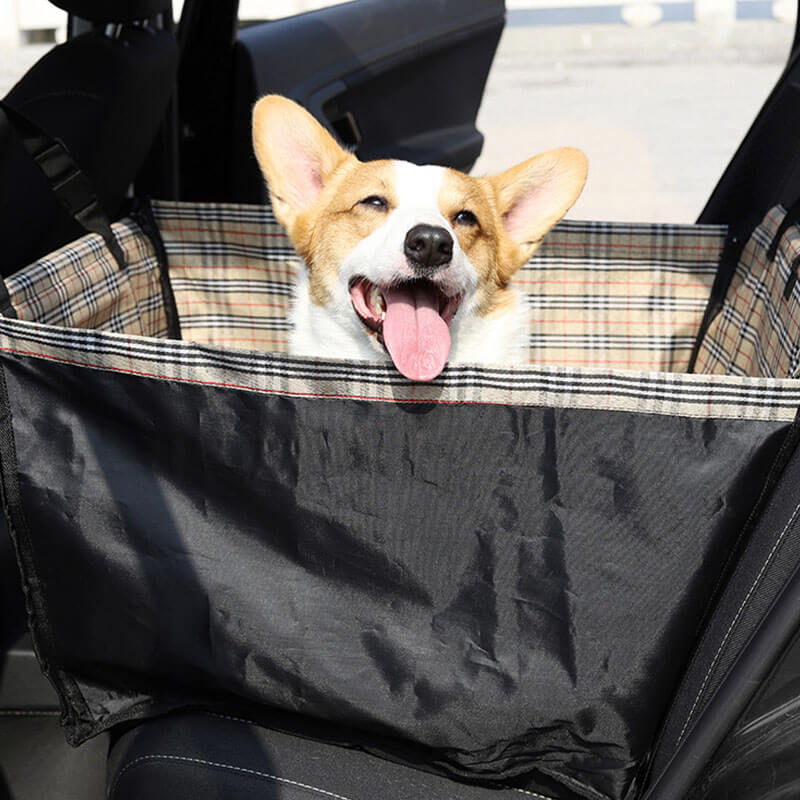 Foldable thickened waterproof dog car seat cover for pet travel, protecting car upholstery from dirt and fur.