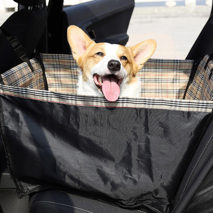 Foldable thickened waterproof dog car seat cover for pet travel, protecting car upholstery from dirt and fur.