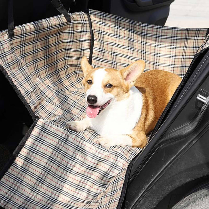 Black oxford fabric dog car seat cover, foldable and waterproof, essential pet accessory for safe travel.