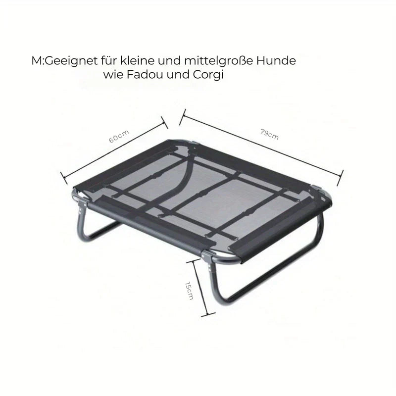 Lightweight folding pet bed for cats & dogs, elevated design keeps pets cool and dry, ideal for travel.