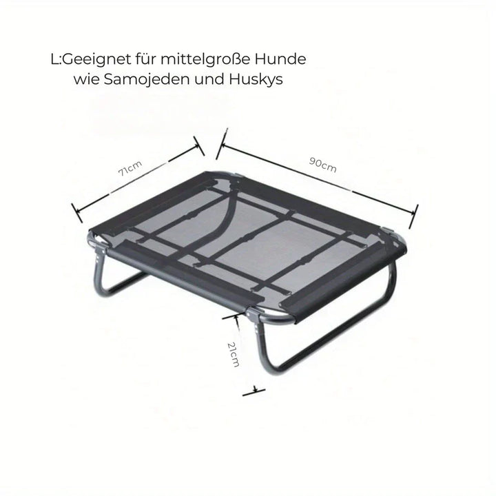 Close-up of waterproof fabric on elevated pet bed, showcasing durable material for outdoor pet supplies.