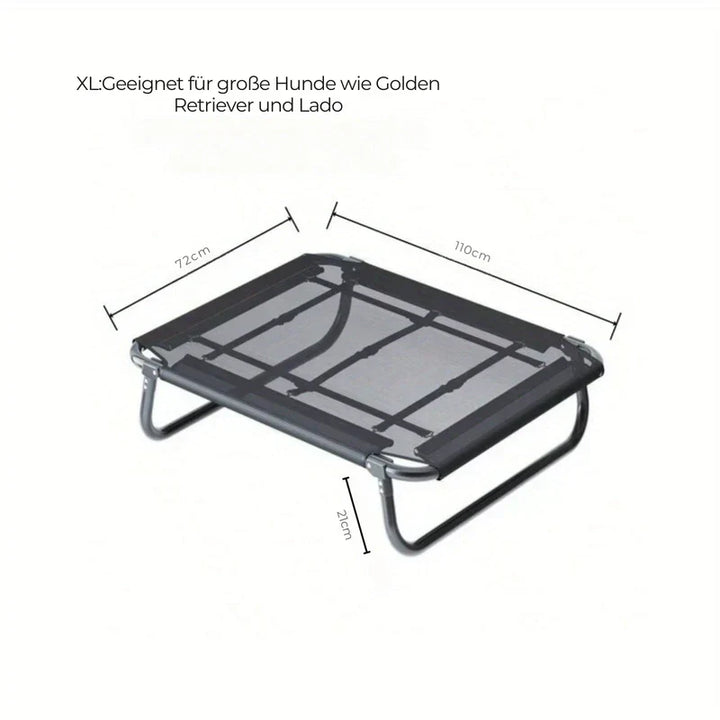 Unfolded elevated pet cot for dogs & cats, demonstrating sturdy frame and spacious design, portable comfort.