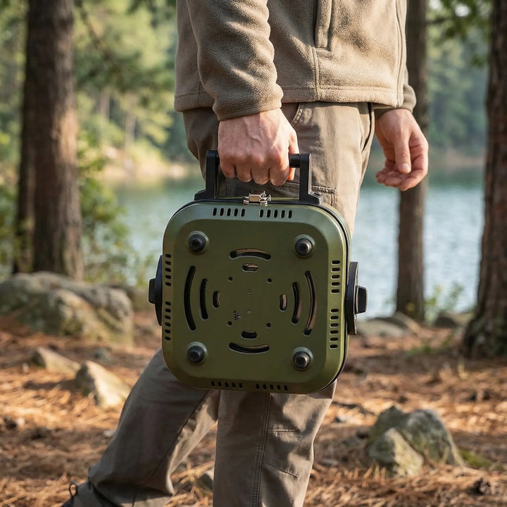 Folding camping gas stove with single burner and non-stick pan, ideal for portable outdoor cooking & backpacking.