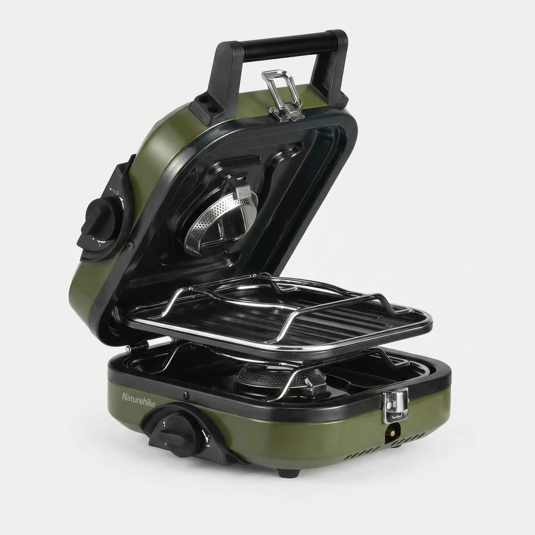 Compact folding single-burner camping gas stove, perfect for outdoor adventures, hiking, and portable cooking.