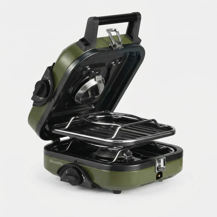 Compact folding single-burner camping gas stove, perfect for outdoor adventures, hiking, and portable cooking.