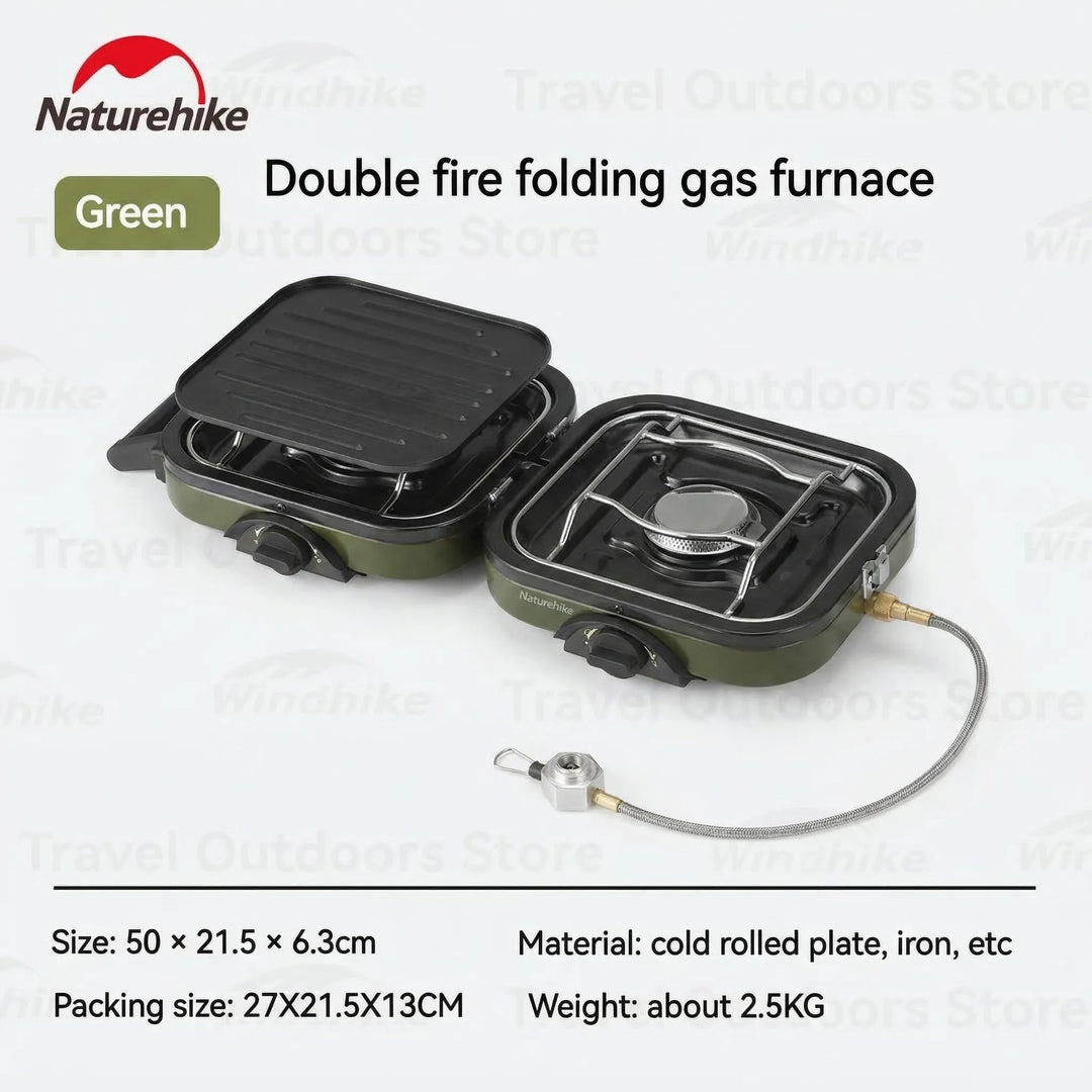 Portable gas camping stove and non-stick pan set, designed for efficient outdoor cooking during hiking & camping trips.