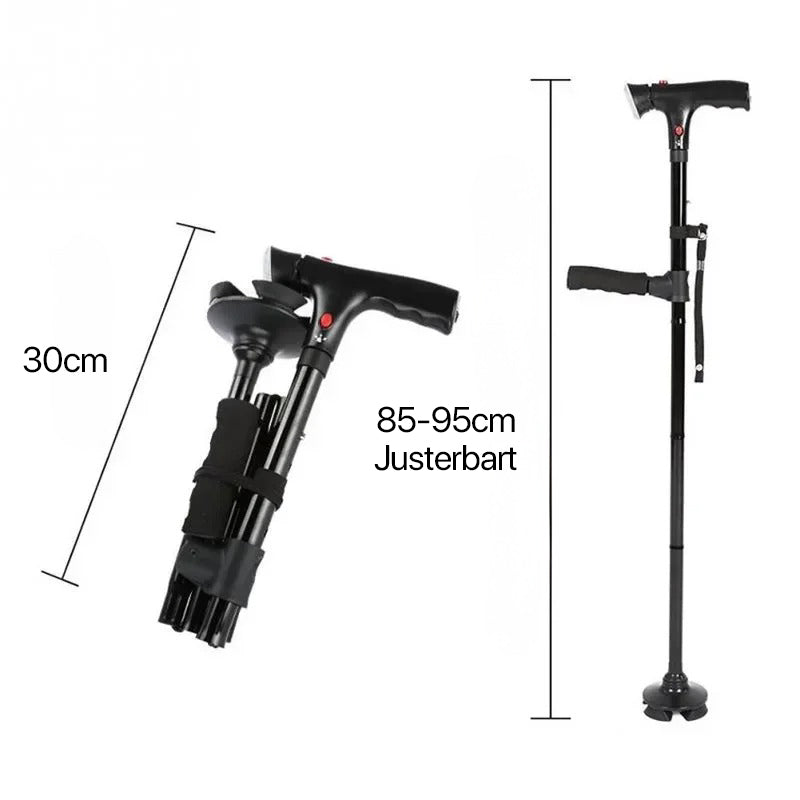 Portable folding cane for seniors, featuring dual handles, built-in alarm & LED light for safety.