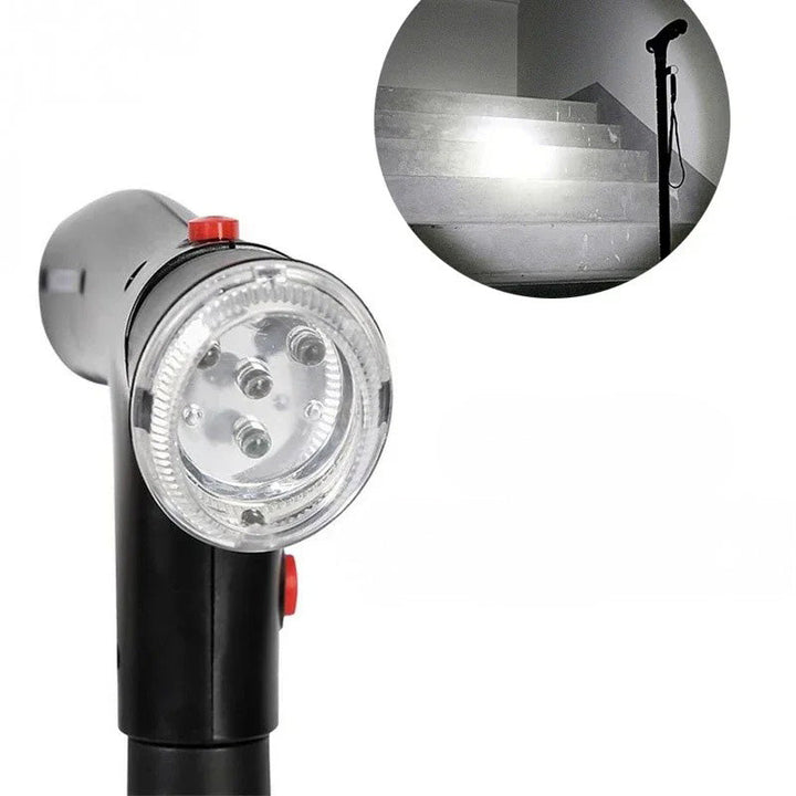 Adjustable folding walking stick with dual grips, an alarm, and LED light for elderly support.