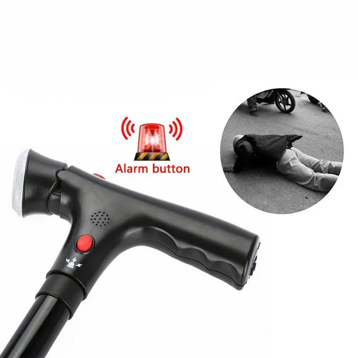 Assistive mobility device: folding cane with dual handles, emergency alarm & bright LED light.