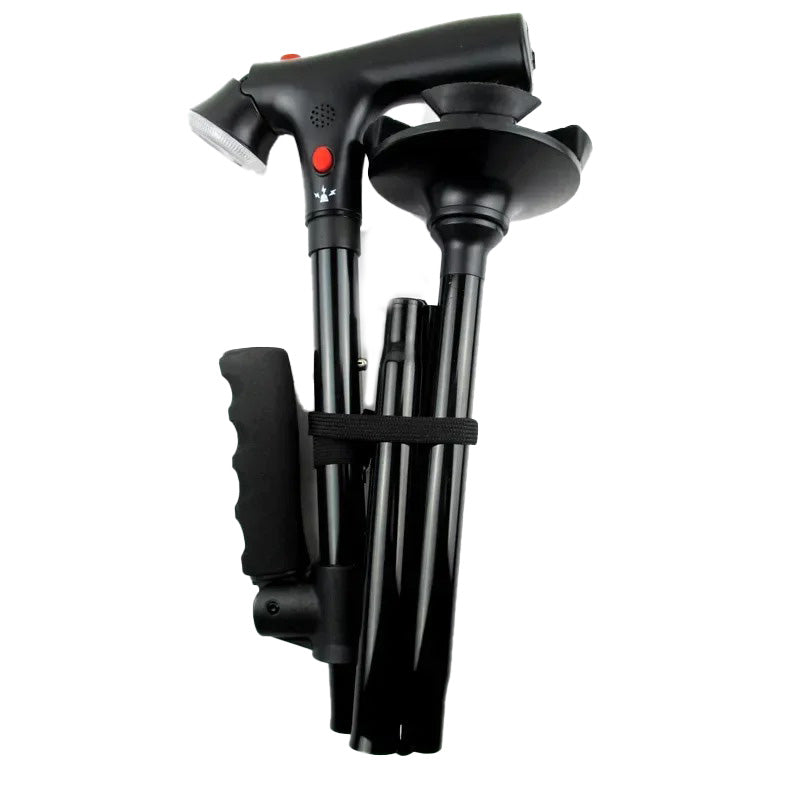 Secure elderly folding cane, providing stability with dual handles, LED light & personal safety alarm.