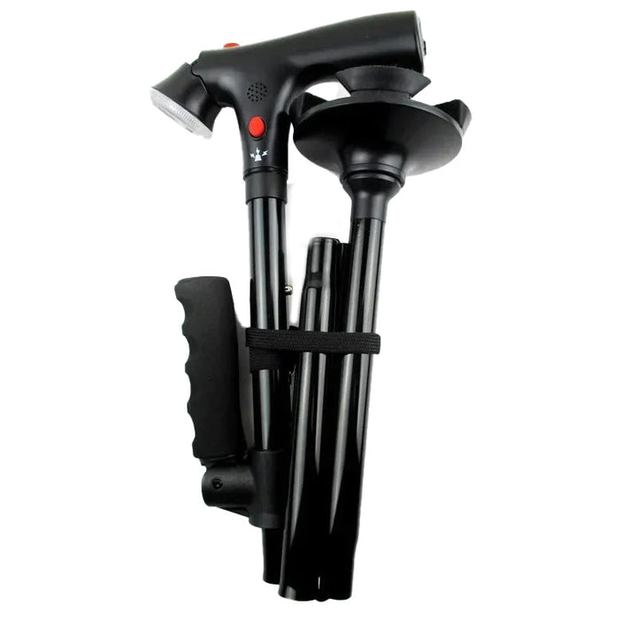 Secure elderly folding cane, providing stability with dual handles, LED light & personal safety alarm.