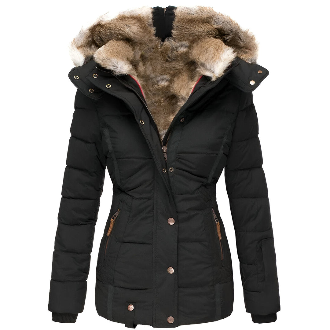 Women's Valenza quilted puffer jacket with hood. Stylish & warm winter outerwear for cold weather.