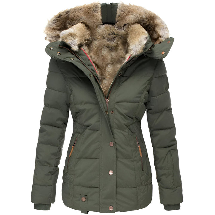 Stylish Valenza women's quilted puffer jacket with hood. Fashionable and warm for elegant winter wear.