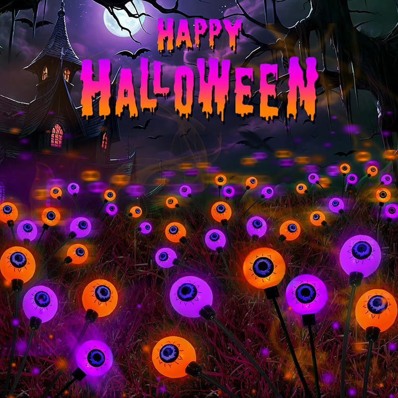 Packaging shot of the 4-pack solar-powered scary eyeball Halloween lights