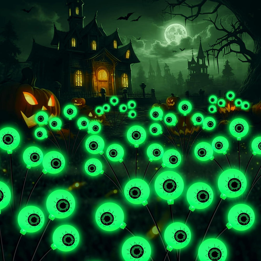 A set of 4 solar LED eyeball lights, perfect for frightful outdoor Halloween decor