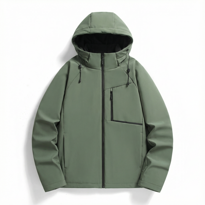 Man hiking in a comfortable, weather-resistant hooded outdoor jacket. Perfect adventure gear.