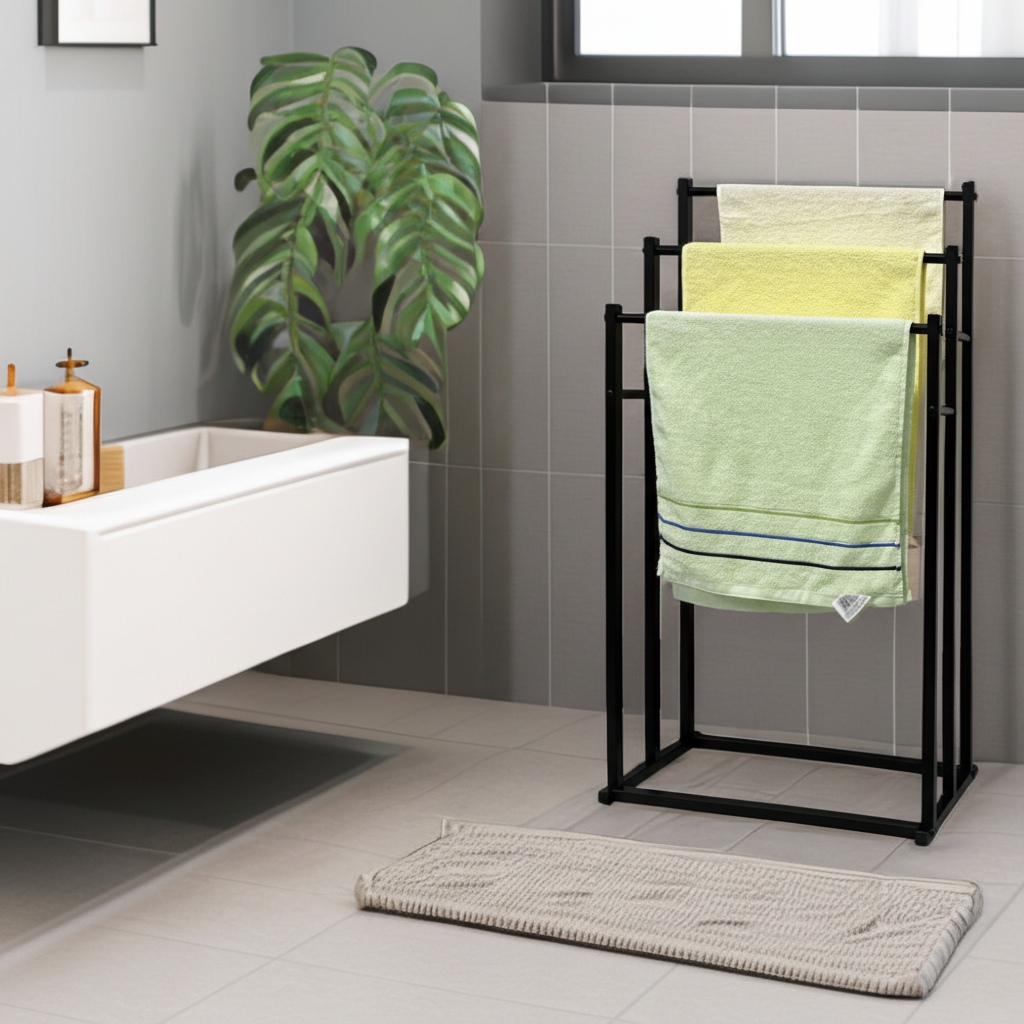 Freestanding steel towel rack for bathroom organization. Modern, compact design for towels.