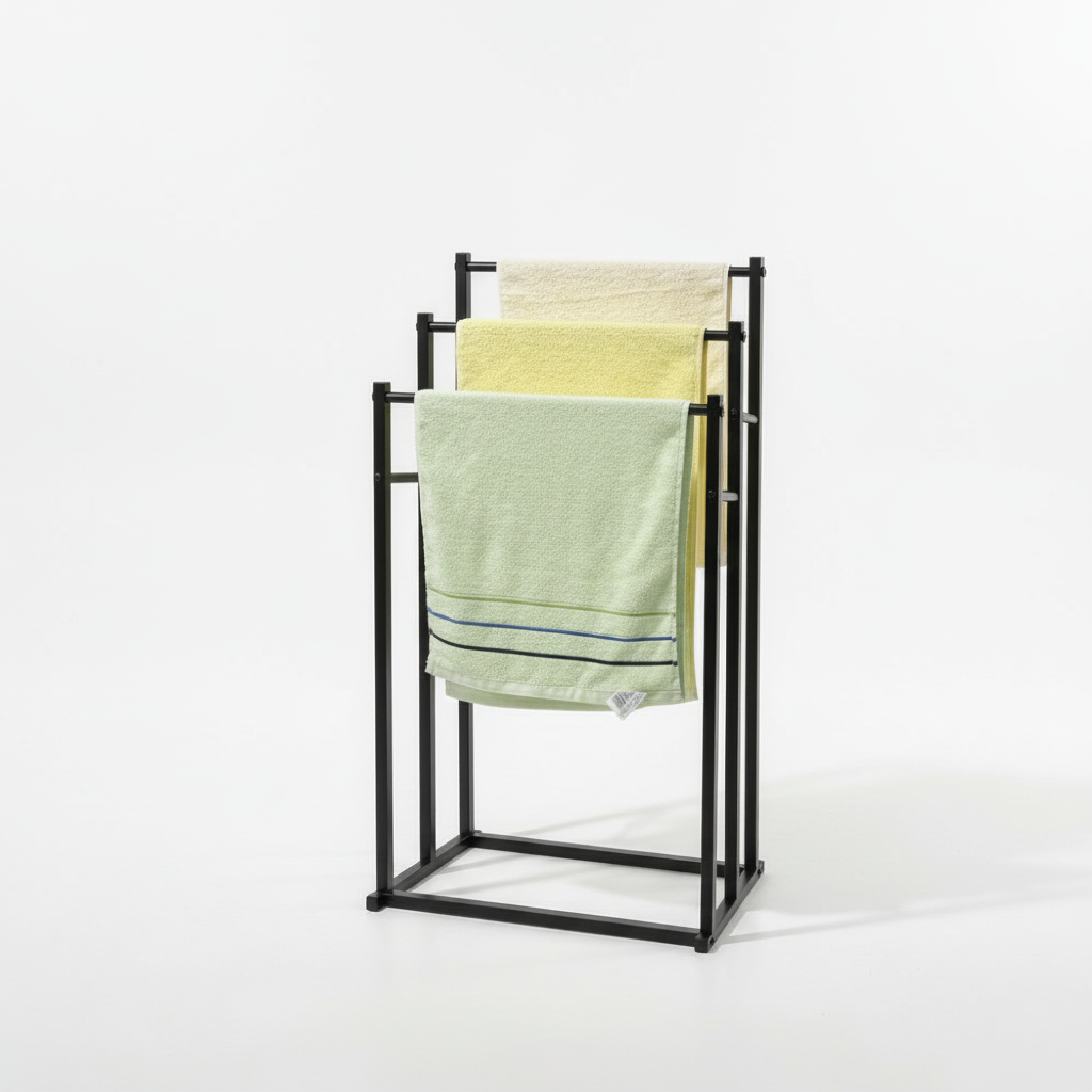 Modern freestanding steel towel rack. Ideal for organizing bathroom towels, compact storage solution.