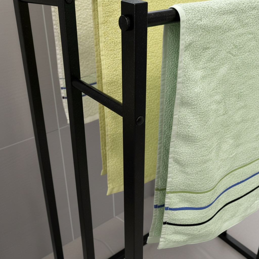 Steel freestanding towel rack for efficient bathroom organization & decor. Keeps towels neat and accessible.