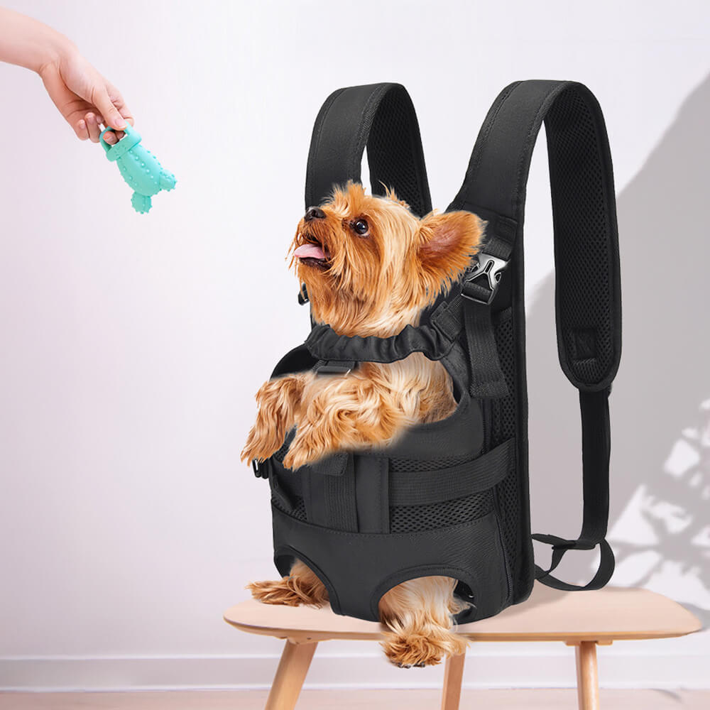 Durable medium dog carrier backpack, front-worn, with padded straps for owner comfort and pet safety.