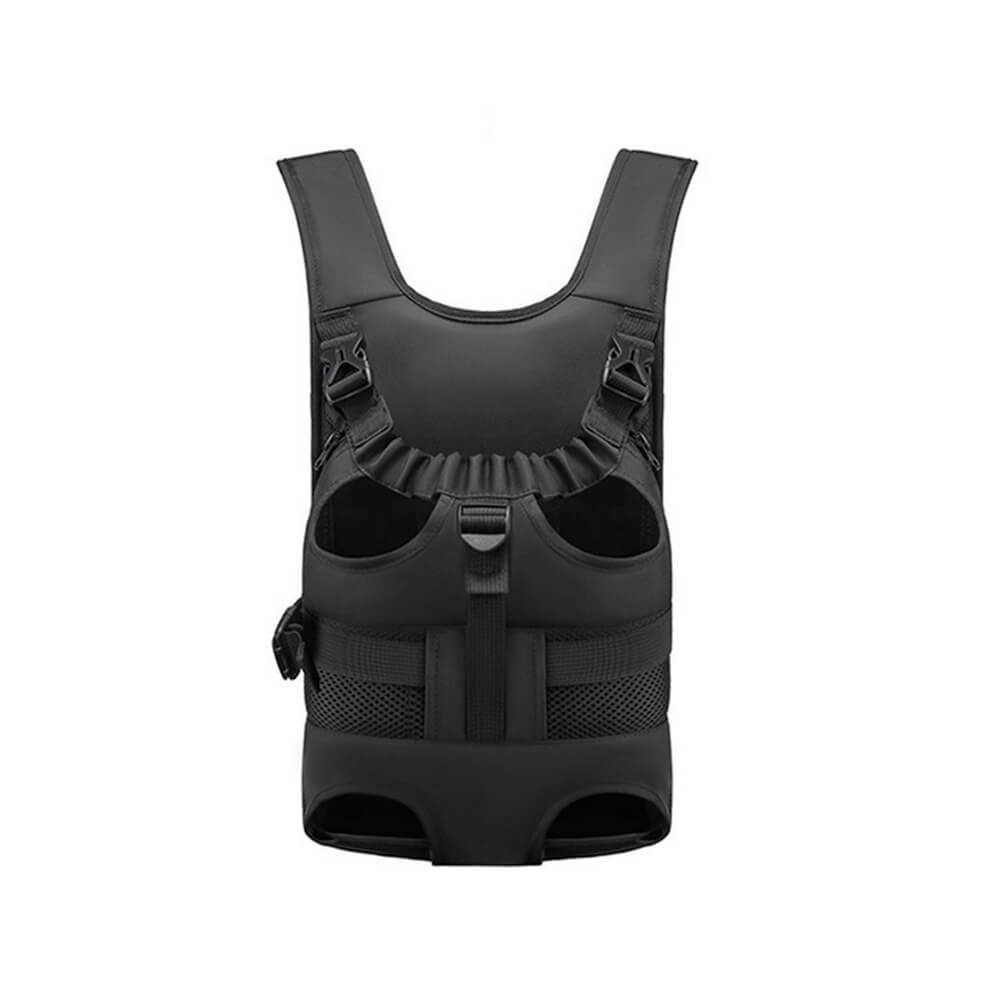 Pet travel backpack, front-hugging, featuring ample ventilation for dogs on the go.