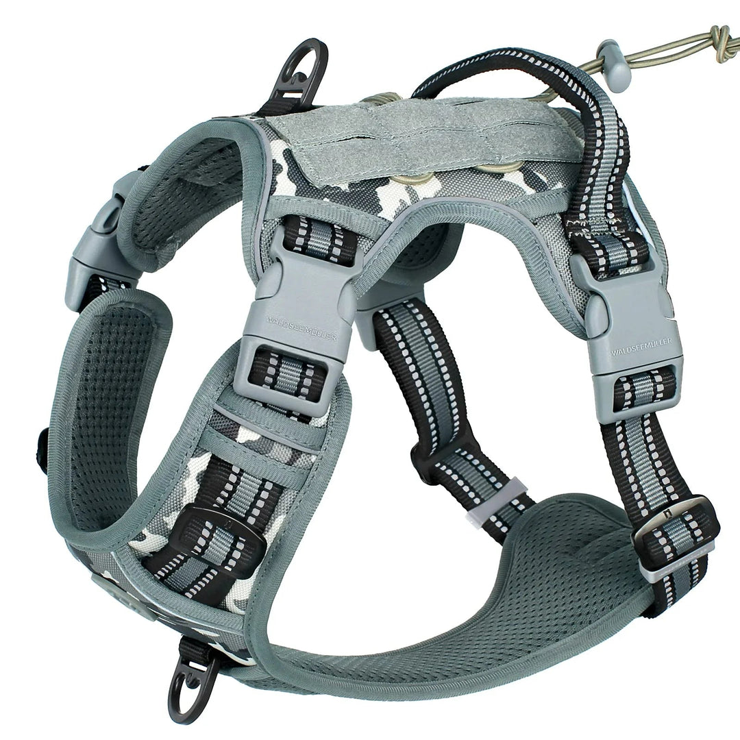 Back view of tactical dog harness with MOLLE system and top handle for control, pet gear for large dogs.