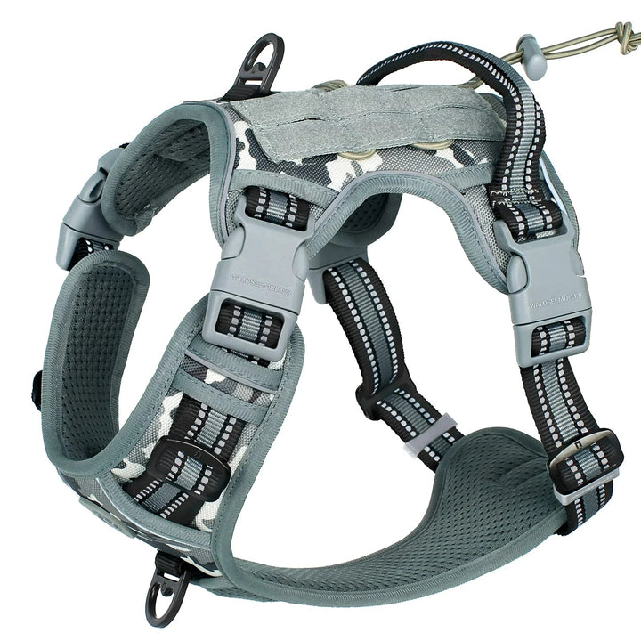 Back view of tactical dog harness with MOLLE system and top handle for control, pet gear for large dogs.