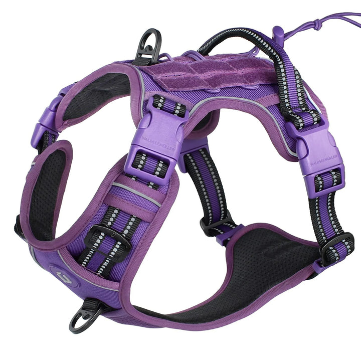 Adjustable straps and buckles of a heavy-duty tactical dog harness, ideal for medium and large dogs.
