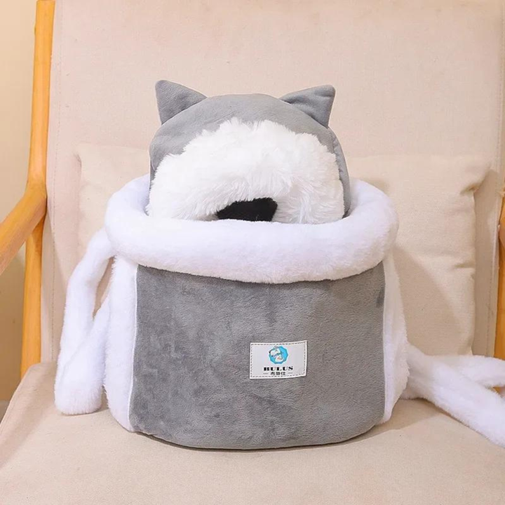 Front view of New4 pet carrier backpack for small dog or cat, breathable mesh & grey fabric