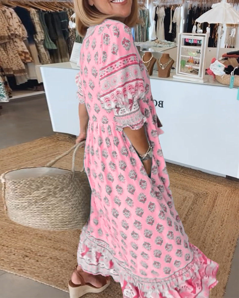 Women's summer bohemian printed midi dress, perfect for beach trips or relaxed vacation outfits.