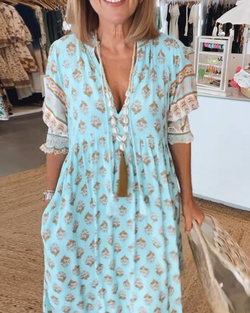 Stylish lantern sleeve detail on a women's casual bohemian midi dress, showcasing its unique design.