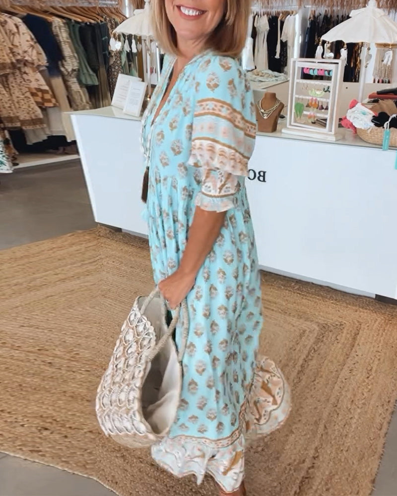 Back view of a women's flowy bohemian printed midi dress, ideal for comfortable summer wear.